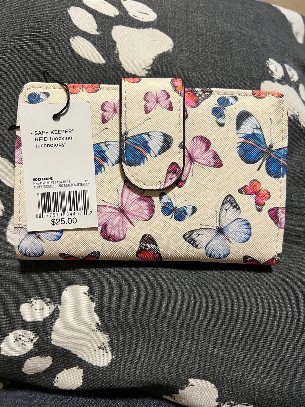 NWT KOHL'S Butterfly Print RFID-Blocking Women’s Wallet - Cream with Pink & Blue